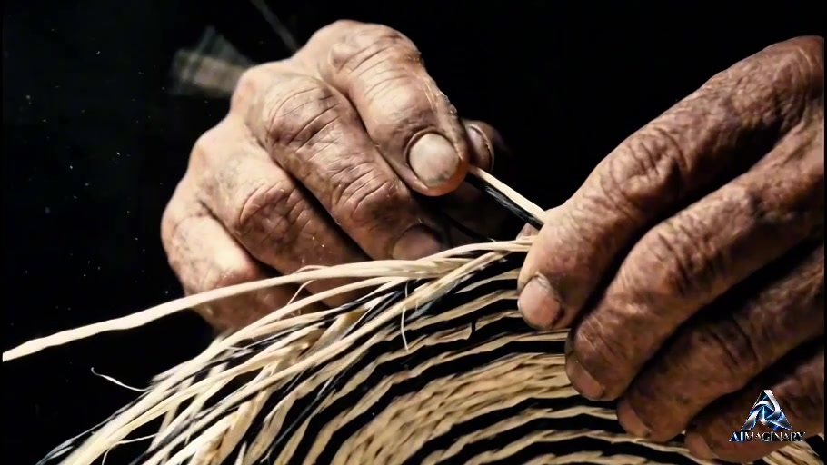 Detalle cinematográfico de manos trabajando fibras en el reel de AIMAGINARY