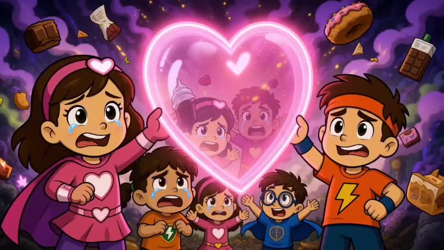 Los Superniños en una escena animada con un corazón luminoso